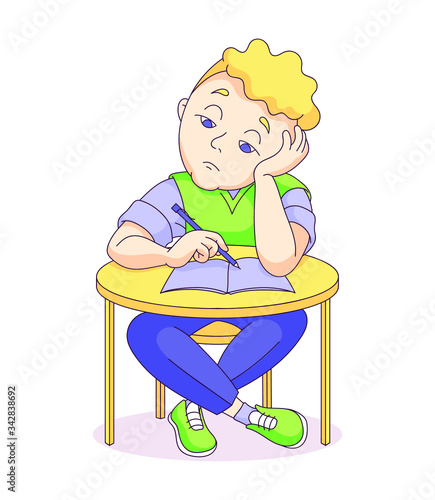 cute sad boy sits at class. tired unhappy student at college. lazy child at school passes exam or test or doing homework. isolated vector illustration on white. bored little schoolboy