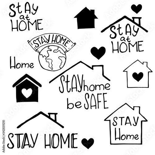 vector sketch set of elements on the theme of staying home. Cute simple doodle style icons. Stay home with protection against the coronovirus covid-19. lettering graphic emblems