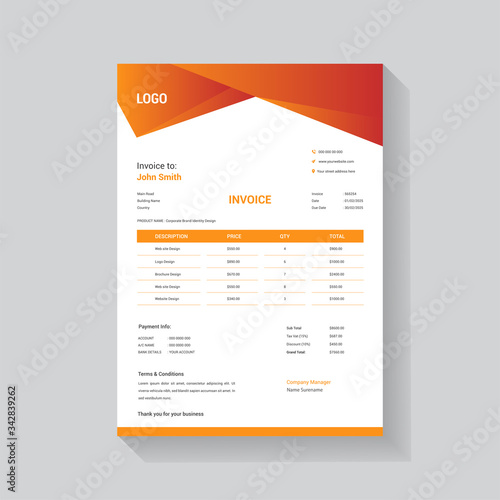 Abstract style invoice design for the business with orange gradient color vector template  