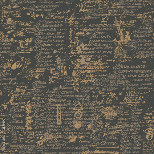 Vector seamless pattern, repeating background with unreadable scribbles imitating handwritten text on a dark background in retro style. Suitable for wallpaper, wrapping paper, fabric © paseven