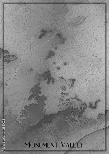 Map of Monument Valley, Arizona. Vector elevation map of national park. Generated conceptual surface relief map. Detailed geographic elegant landscape scheme. Topographic outline poster.