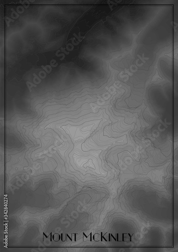 Map of Mount McKinley, Denali, Alaska. Vector elevation map of national park. Generated conceptual surface relief map. Detailed geographic elegant landscape scheme. Topographic outline poster.