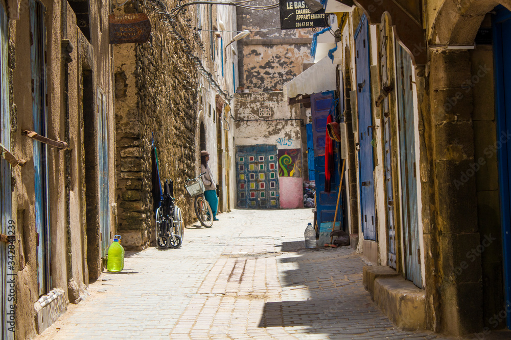 Essaouira, Morocco- may, 20, 2016: View of a colured sunny street in the old town of Essaouira