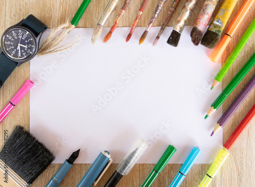 Slika na platnu Visual art equipment is on the table covered with white cloth, Art Education, Learning to the 21st century, Stem studies