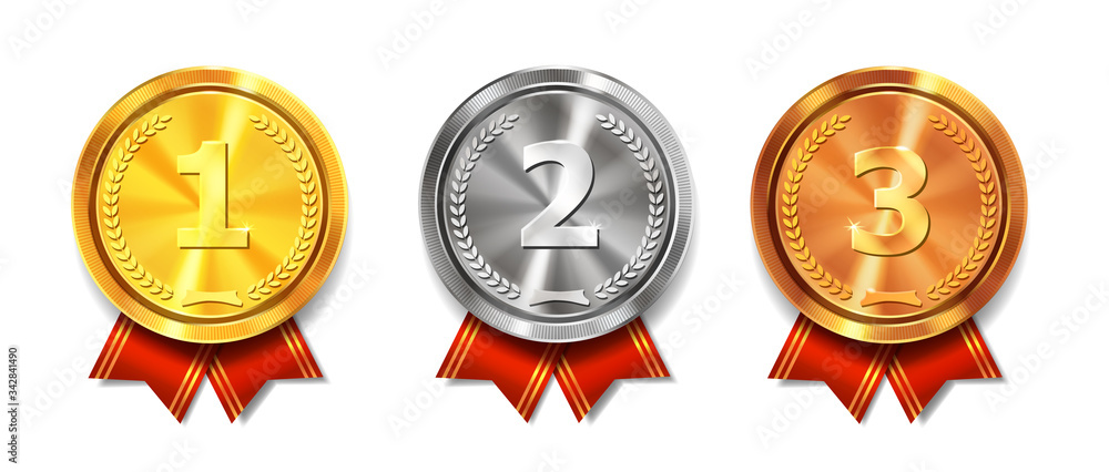 Gold, silver and bronze medals. Champion and winner awards medal set with red ribbon. First place trophy Gold, silver and bronze medals. Champion and winner awards medal set with red ribbon. First place trophy