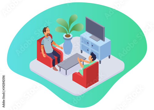 Isometric Vector Illustration Representing Home Health Care Treating a Man at Living Room Showing Sofa and Television