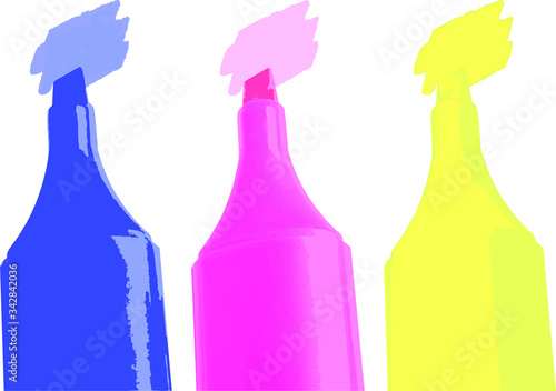 Three colored markers in CMYK isolated on white background