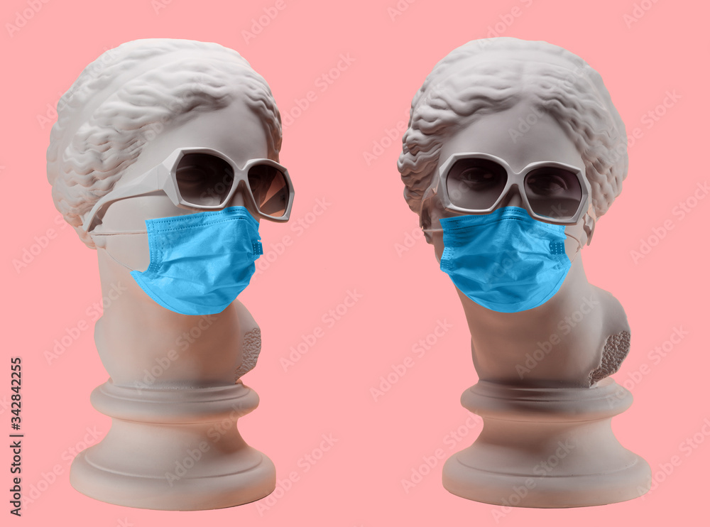 Head Of Aphrodite In Medical Mask. Concept Of Coronavirus Quarantine.