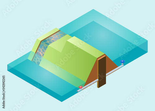 Isometric Vector Illustration Representing a River and Dam with Water
