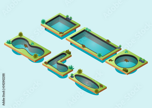 Isometric Vector Illustration Representing 6 Turtle Ponds with Various Shapes