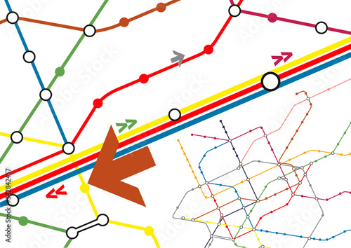 Metro, subway, underground signs with arrows, schemes and stations. Vector illustration.