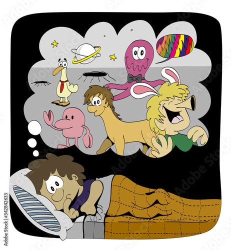Cute boy character dreaming, daydreaming with his eyes opened in his bed. Imagination, strange creatures. Cartoon style vector illustration.