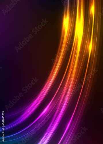 Abstract background with shiny luminous lines on black. Neon glow effect in retro style of 1980. 