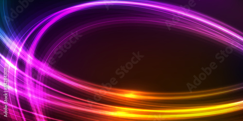 Abstract background with bright glowing lines on black. Neon glow effect in retro style of 1980. Luxury template for web banner or visiting card design. 