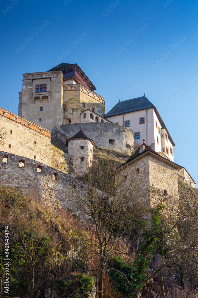 Trencin castle towers on the hill top,Slovakia