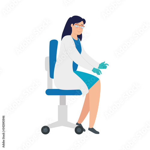 doctor female with surgical gloves sitting in chair vector illustration design