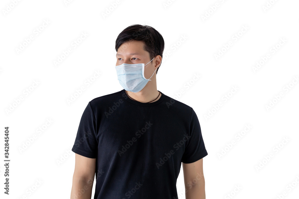 Young Asian Man with Face Mask Protection from Virus Standing on White Background. Young Asian Man with Face Mask Protection from Virus Standing on White Background.