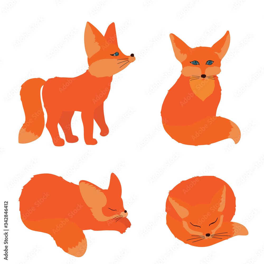 Cute little red foxes stands and looks to something, sleeps, seats. Set with isolated character on a white background in flat style. For website, printing kids posters, cards. Can be used as mascot