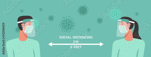 woman and man character wearing surgical mask and face shield maintain social distancing to prevent virus spreading, flu prevention, coronavirus, social isolation, self quarantine, new normal concept