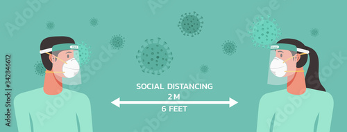 woman and man character wearing n95 mask and face shield maintain social distancing to prevent virus spreading and flu prevention, coronavirus, social isolation, self quarantine new normal concept