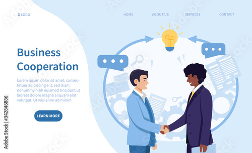 Business cooperation and teamwork concept with a Caucasian and Black businessmen shaking hands on an agreement or partnership with speech bubbles, colored vector illustration with copy space