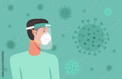 man wearing n95 mask and face shield to protect from virus spreading, flu prevention, coronavirus quarantine concept, new normal, character cartoon vector flat illustration