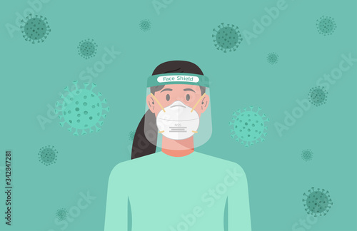 woman with n95 mask and face shield to protect from virus spreading, flu prevention, coronavirus quarantine concept, new normal, character cartoon vector flat illustration