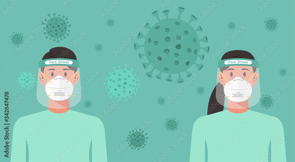 man and woman with n95 mask and face shield prevent from virus spreading, flu prevention, coronavirus or covid-19, social isolation and self quarantine concept, vector flat character cartoon man and woman with n95 mask and face shield prevent from virus spreading, flu prevention, coronavirus or covid-19, social isolation and self quarantine concept, vector flat character cartoon