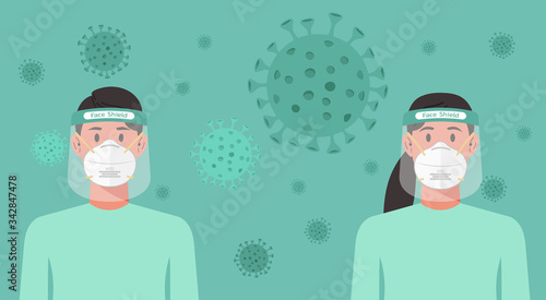 man and woman with n95 mask and face shield prevent from virus spreading, flu prevention, coronavirus or covid-19, social isolation and self quarantine concept, vector flat character cartoon