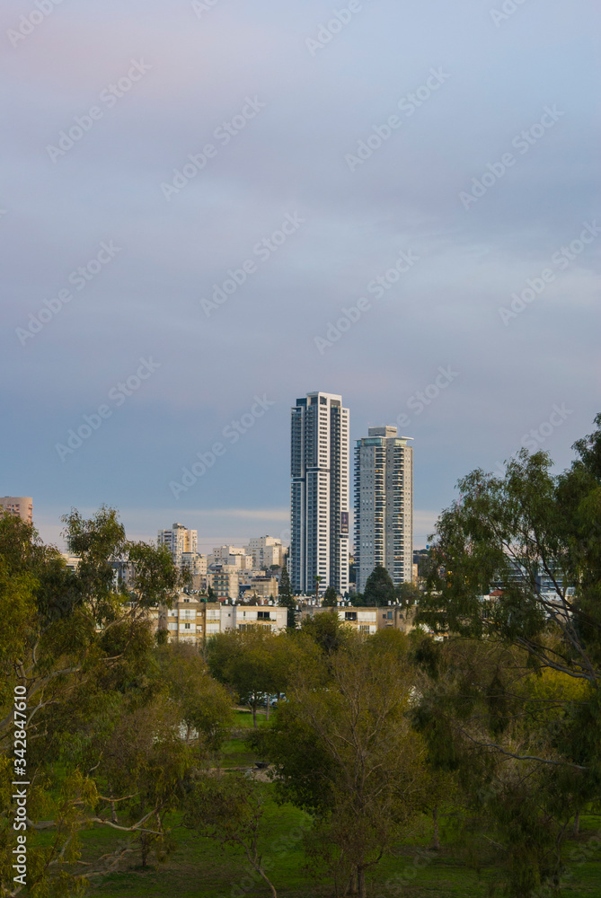 City park in Tel Aviv, Israel. View of green trees and skyscrapers on the horizon on a sunny day.