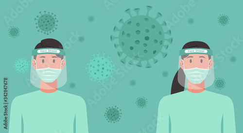 man and woman with surgical mask and face shield prevent from virus spreading, flu prevention, coronavirus or covid-19, social isolation and self quarantine concept, vector flat character cartoon