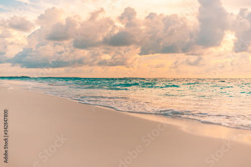 Sea sand sky concept, sunset colors clouds, horizon, horizontal background banner. Inspirational nature landscape, beautiful colors, wonderful scenery of tropical beach. Beach sunset, summer vacation 