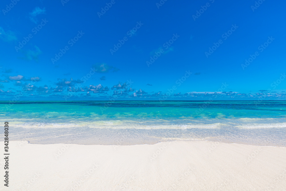 Sea sand sky concept. Closeup of sand on beach and blue summer sky, calmness and inspiration nature concept
