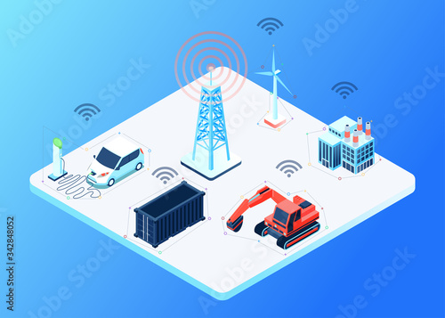 Isometric Vector Illustration Representing Connectivity Between Cellular Tower to Different Devices