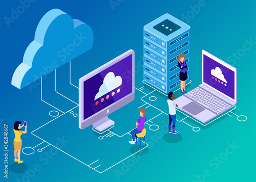 Isometric Vector Illustration Representing Computer Backup and Storage Technology, Clouds, Server, Laptop, and Connectivity