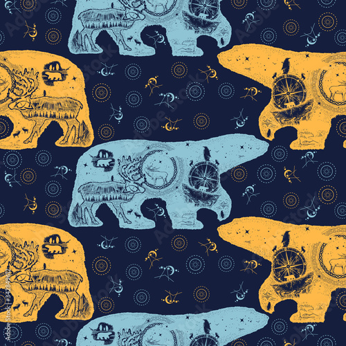 Polar bear double exposure. Seamless pattern. Packing old paper, scrapbooking style. Vintage background. Medieval manuscript, engraving art. Symbol of Arctic, Antarctica, tourism, adventure