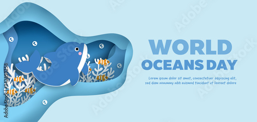 world oceans day banner with cute dolphin in paper cut style. 