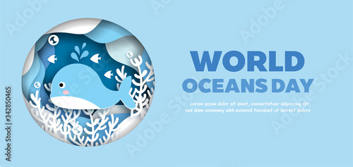 world oceans day banner with cute dolphin in paper cut style.