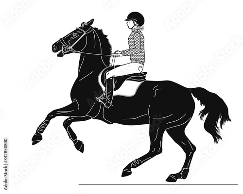 Horse rider monochrome graphics on white background.