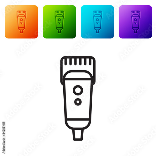 Black line Electrical hair clipper or shaver icon isolated on white background. Barbershop symbol. Set icons in color square buttons. Vector Illustration