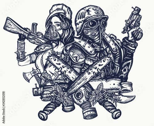 Post apocalypse tattoo and t-shirt design. Soldier woman in gas mask and futuristic warrior with weapon in hand. Doomsday, survival people. Post apocalyptic future. Game art. Dark crime future