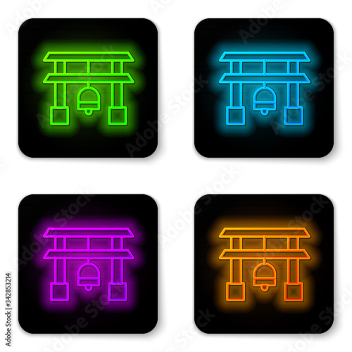 Glowing neon line Japan Gate icon isolated on white background. Torii gate sign. Japanese traditional classic gate symbol. Black square button. Vector Illustration