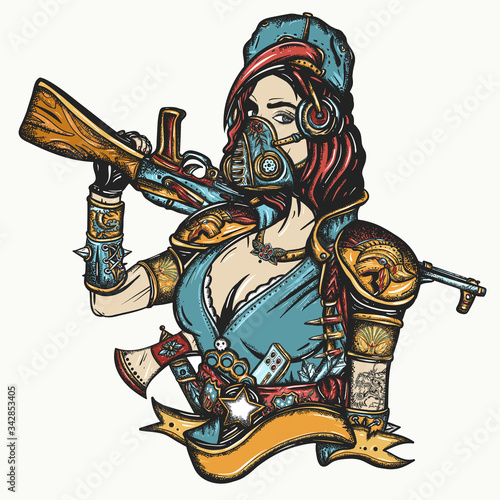 Post apocalypse. Soldier woman in gas mask. Doomsday girl and kalashnikov machine gun. Game art. Survival people. Dark crime future, tattoo and t-shirt design. Post apocalyptic warrior
