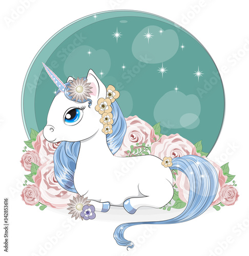 magic unicorn in flower garden