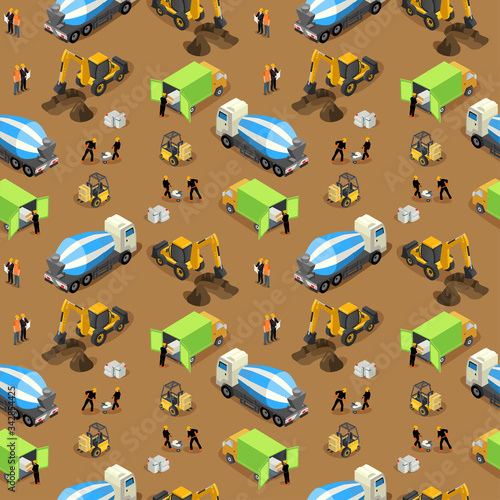 Seamless vector isometric pattern of a construction site with building machinery and equipment