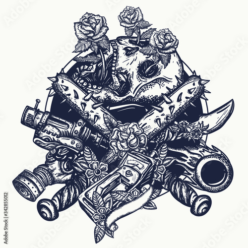 Post apocalypse tattoo. Skulls, roses, baseball bats with spikes. Post apocalyptic weapons, gas mask, geiger counter. T-shirt design. Symbol of survival, doomsday, nuclear war, end of the world