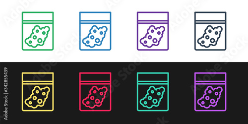 Set line Plastic bag of medicinal cannabis icon isolated on black and white background. Health danger. Vector Illustration
