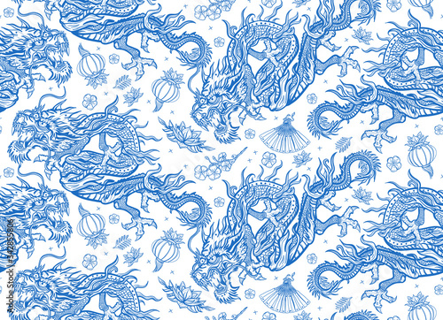 Chinese traditional blue ceramic background. Dragons seamless pattern. Ancient China history and culture. Asian travel background. Oriental art. Flying snakes, fan, lantern and lotus flowers