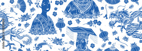 Chinese traditional blue ceramic background. Old school tattoo style. Dragon, emperor, queen in traditional costume, fan, lantern, lotus flower. Ancient oriental culture. China seamless pattern