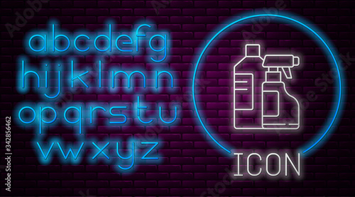 Glowing neon line Plastic bottles for laundry detergent, bleach, dishwashing liquid or another cleaning agent icon isolated on brick wall background. Neon light alphabet. Vector Illustration